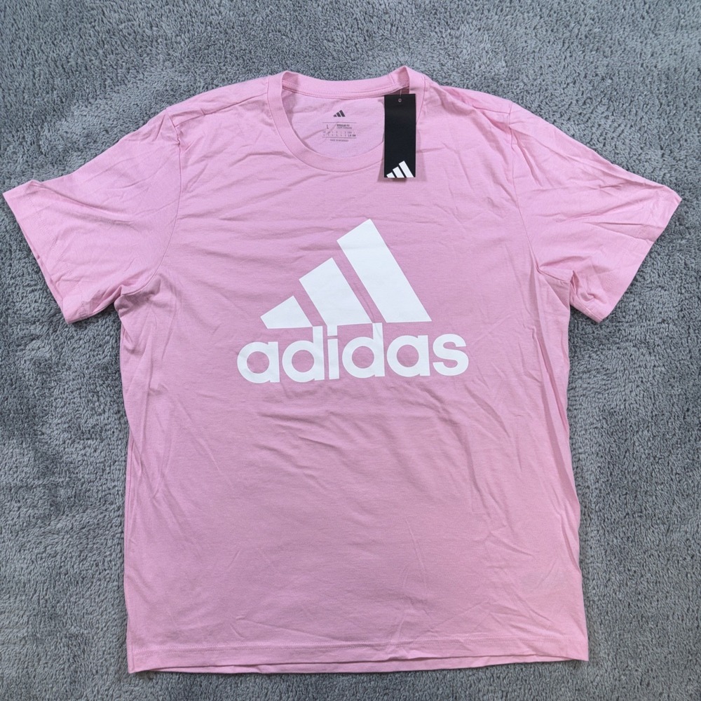 Adidas T Shirt Pink, White Logo Graphic Men Crew Neck Short Sleeve Sz Large, New